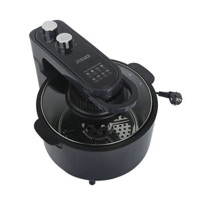 Air Fryer Forno multifuncional com 10L de capacidade, tampa de vidro, grelha giratória, cesto interno e controles ajustáveis. Design moderno e preparo saudável sem óleo.