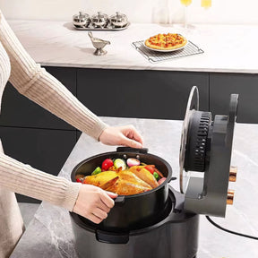 Air Fryer Forno multifuncional com 10L de capacidade, tampa de vidro, grelha giratória, cesto interno e controles ajustáveis. Design moderno e preparo saudável sem óleo.