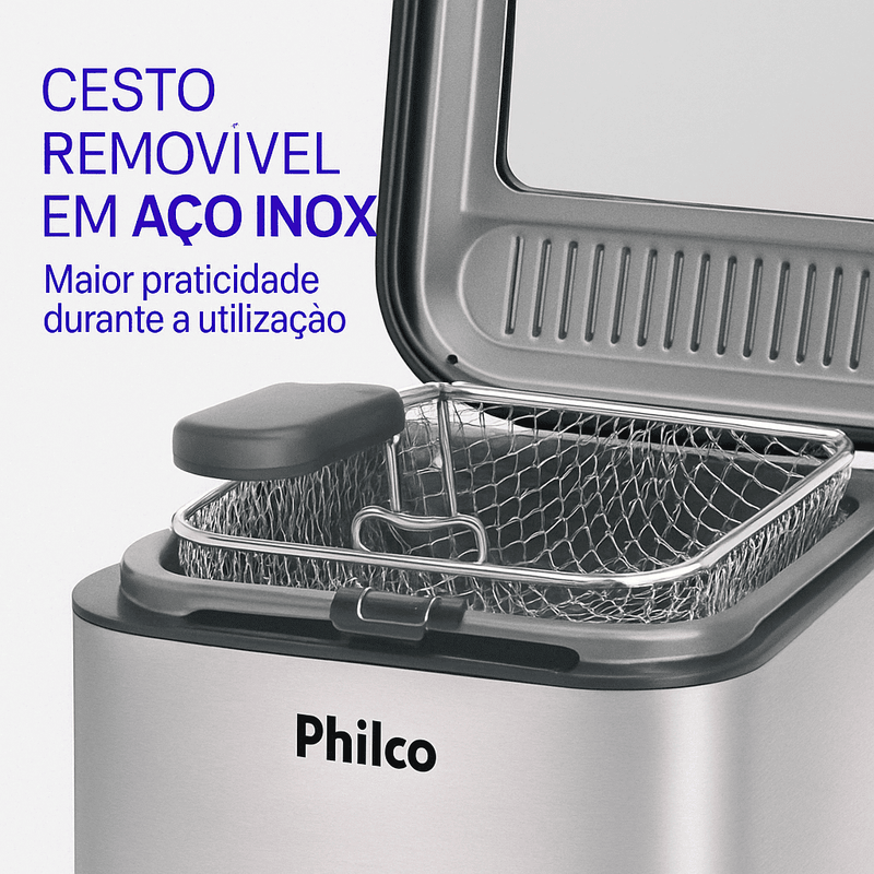 Fritadeira elétrica inox com capacidade de 1,8L, visor transparente, controle de temperatura de até 190°C, base antiderrapante e cesta removível. Ideal para frituras crocantes com praticidade e segurança.