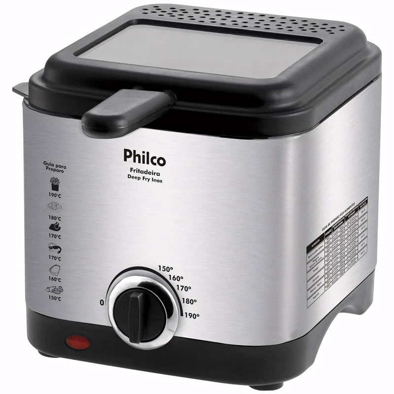 Fritadeira elétrica inox com capacidade de 1,8L, visor transparente, controle de temperatura de até 190°C, base antiderrapante e cesta removível. Ideal para frituras crocantes com praticidade e segurança.