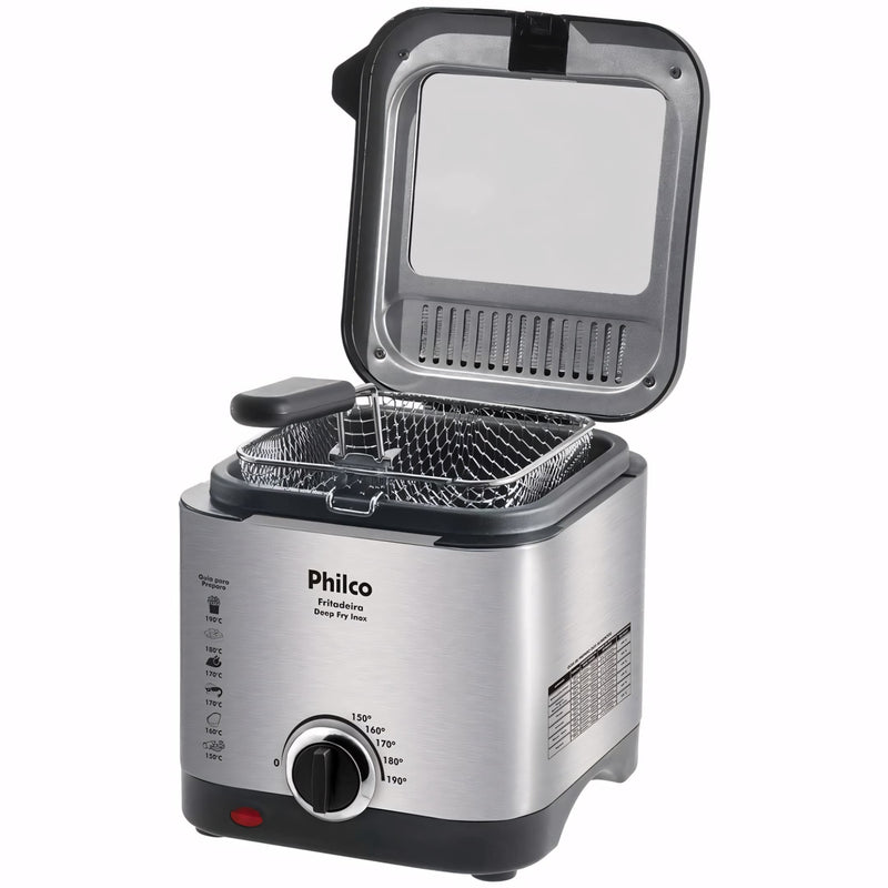 Fritadeira elétrica inox com capacidade de 1,8L, visor transparente, controle de temperatura de até 190°C, base antiderrapante e cesta removível. Ideal para frituras crocantes com praticidade e segurança.