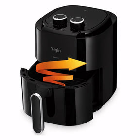 Fritadeira elétrica Elgin Start Fry 3,5L preta com cuba antiaderente. Ideal para preparar alimentos crocantes e saudáveis, com controle de temperatura e timer sonoro.