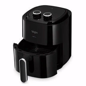 Fritadeira elétrica Elgin Start Fry 3,5L preta com cuba antiaderente. Ideal para preparar alimentos crocantes e saudáveis, com controle de temperatura e timer sonoro.
