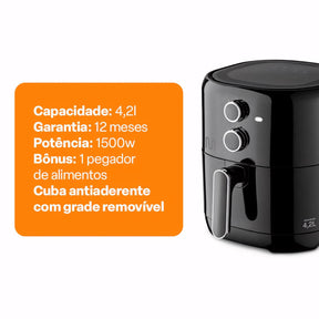 Air Fryer Multi 4,2L preta com controle de temperatura e timer sonoro. Frite e asse sem óleo, garantindo refeições crocantes e saudáveis.