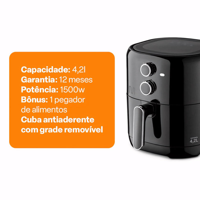 Air Fryer Multi 4,2L preta com controle de temperatura e timer sonoro. Frite e asse sem óleo, garantindo refeições crocantes e saudáveis.