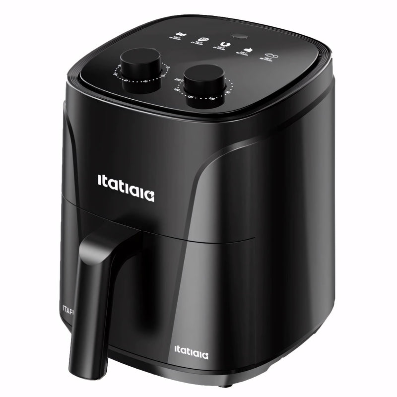 Fritadeira de Ar ItaFryer 4L com acabamento preto fosco e inox, controle de temperatura até 200 °C, timer com aviso sonoro, grelha removível e capacidade ideal para toda a família. Saudável, elegante e fácil de usar.