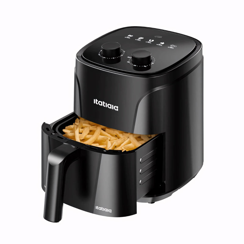 Fritadeira de Ar ItaFryer 4L com acabamento preto fosco e inox, controle de temperatura até 200 °C, timer com aviso sonoro, grelha removível e capacidade ideal para toda a família. Saudável, elegante e fácil de usar.