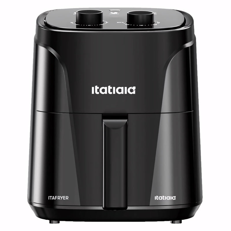 Fritadeira de Ar ItaFryer 4L com acabamento preto fosco e inox, controle de temperatura até 200 °C, timer com aviso sonoro, grelha removível e capacidade ideal para toda a família. Saudável, elegante e fácil de usar.