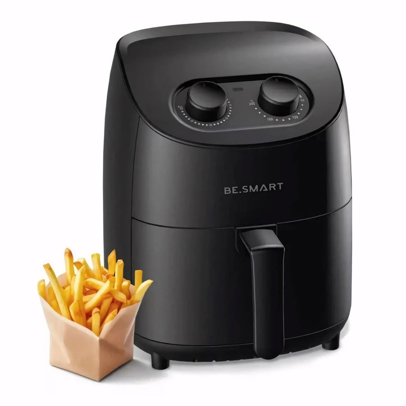 Air Fryer BeSmart preta com design moderno, cesto quadrado antiaderente de 3,5 litros, controles manuais de tempo e temperatura até 200°C. Ideal para frituras sem óleo e receitas saudáveis.