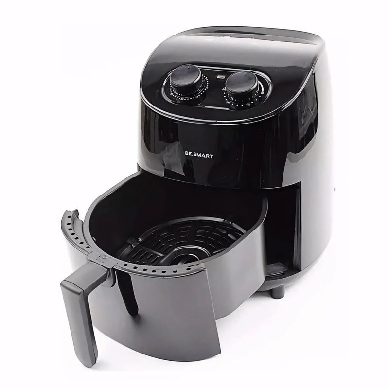 Air Fryer BeSmart preta com design moderno, cesto quadrado antiaderente de 3,5 litros, controles manuais de tempo e temperatura até 200°C. Ideal para frituras sem óleo e receitas saudáveis.