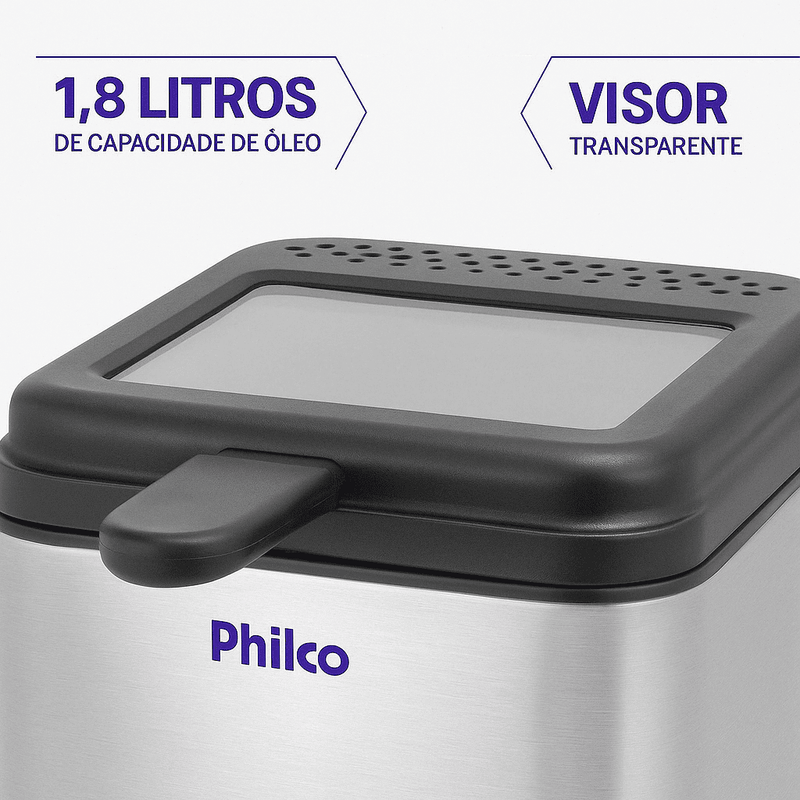 Fritadeira elétrica inox com capacidade de 1,8L, visor transparente, controle de temperatura de até 190°C, base antiderrapante e cesta removível. Ideal para frituras crocantes com praticidade e segurança.