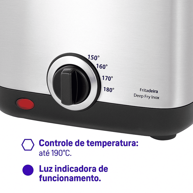 Fritadeira elétrica inox com capacidade de 1,8L, visor transparente, controle de temperatura de até 190°C, base antiderrapante e cesta removível. Ideal para frituras crocantes com praticidade e segurança.