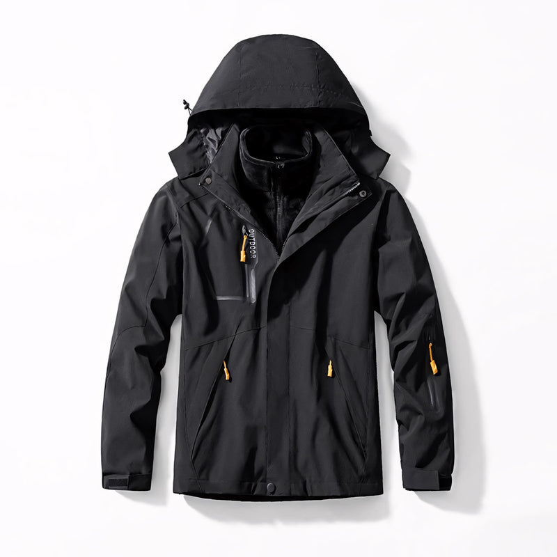 Jaqueta masculina forrada com capuz, bolsos com zíper e isolamento térmico para até -30°C. Ideal para neve, frio extremo e uso esportivo ou urbano com estilo e proteção.