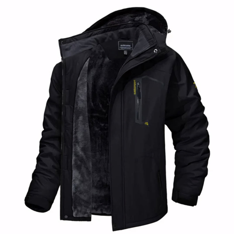 Jaqueta masculina forrada com capuz, bolsos com zíper e isolamento térmico para até -30°C. Ideal para neve, frio extremo e uso esportivo ou urbano com estilo e proteção.