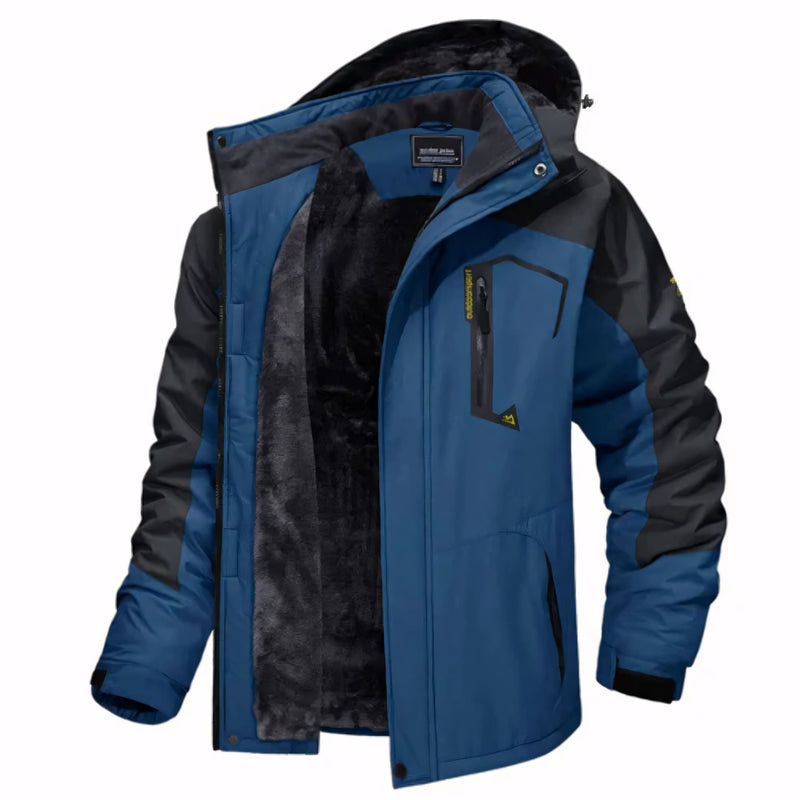 Jaqueta masculina forrada com capuz, bolsos com zíper e isolamento térmico para até -30°C. Ideal para neve, frio extremo e uso esportivo ou urbano com estilo e proteção.