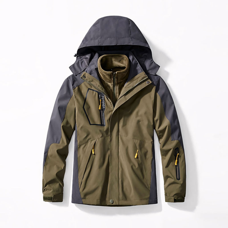 Jaqueta masculina forrada com capuz, bolsos com zíper e isolamento térmico para até -30°C. Ideal para neve, frio extremo e uso esportivo ou urbano com estilo e proteção.