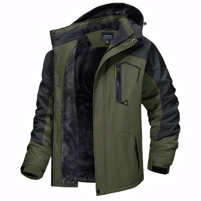 Jaqueta masculina forrada com capuz, bolsos com zíper e isolamento térmico para até -30°C. Ideal para neve, frio extremo e uso esportivo ou urbano com estilo e proteção.