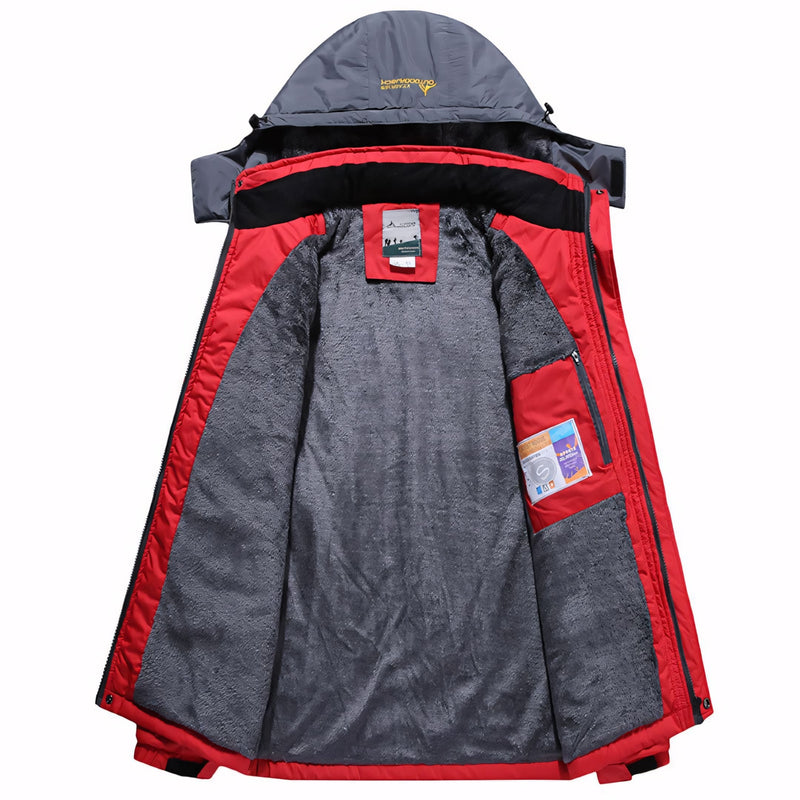 Jaqueta masculina forrada com capuz, bolsos com zíper e isolamento térmico para até -30°C. Ideal para neve, frio extremo e uso esportivo ou urbano com estilo e proteção.