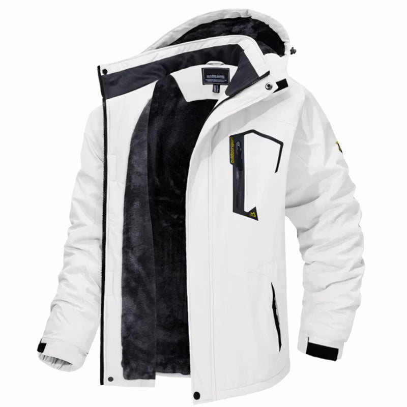 Jaqueta masculina forrada com capuz, bolsos com zíper e isolamento térmico para até -30°C. Ideal para neve, frio extremo e uso esportivo ou urbano com estilo e proteção.