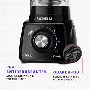 Liquidificador Industrial Turbo 550W com 3 velocidades, copo resistente a quedas, filtro inox para sucos sem sementes e função autolimpeza. Ideal para uso diário na cozinha.