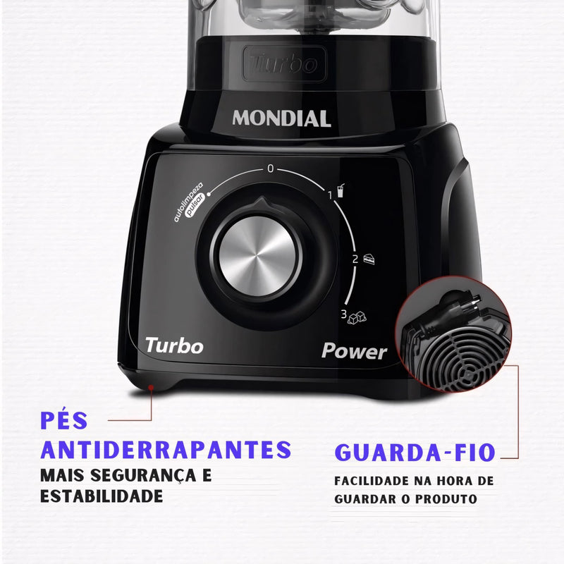 Liquidificador Industrial Turbo 550W com 3 velocidades, copo resistente a quedas, filtro inox para sucos sem sementes e função autolimpeza. Ideal para uso diário na cozinha.