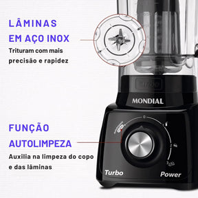 Liquidificador Industrial Turbo 550W com 3 velocidades, copo resistente a quedas, filtro inox para sucos sem sementes e função autolimpeza. Ideal para uso diário na cozinha.