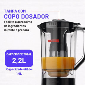 Liquidificador Industrial Turbo 550W com 3 velocidades, copo resistente a quedas, filtro inox para sucos sem sementes e função autolimpeza. Ideal para uso diário na cozinha.