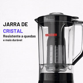 Liquidificador Industrial Turbo 550W com 3 velocidades, copo resistente a quedas, filtro inox para sucos sem sementes e função autolimpeza. Ideal para uso diário na cozinha.