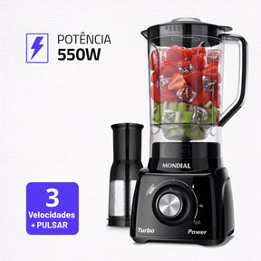 Liquidificador Industrial Turbo 550W com 3 velocidades, copo resistente a quedas, filtro inox para sucos sem sementes e função autolimpeza. Ideal para uso diário na cozinha.