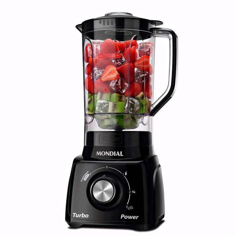 Liquidificador Industrial Turbo 550W com 3 velocidades, copo resistente a quedas, filtro inox para sucos sem sementes e função autolimpeza. Ideal para uso diário na cozinha.