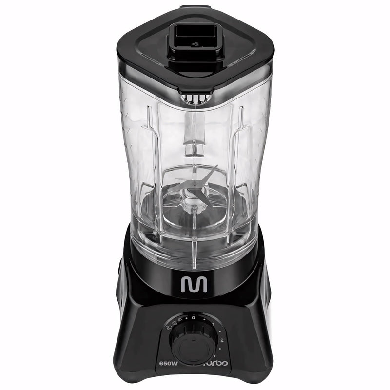 Liquidificador Multi Turbo 650W, modelo compacto e potente, com copo transparente de 2,1 litros, 2 velocidades, função pulsar e base antiderrapante. Perfeito para sucos, vitaminas e molhos.