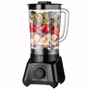 Liquidificador Multi Turbo 650W, modelo compacto e potente, com copo transparente de 2,1 litros, 2 velocidades, função pulsar e base antiderrapante. Perfeito para sucos, vitaminas e molhos.