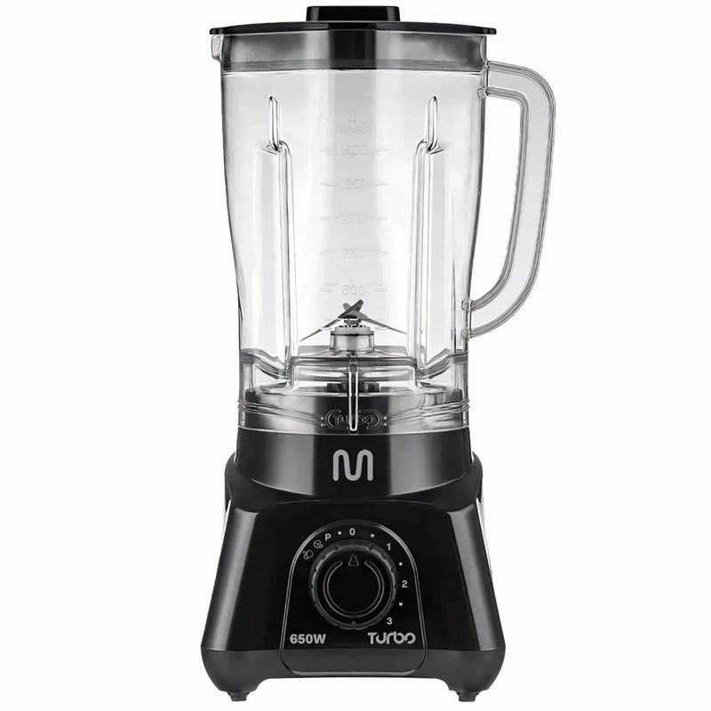 Liquidificador Multi Turbo 650W, modelo compacto e potente, com copo transparente de 2,1 litros, 2 velocidades, função pulsar e base antiderrapante. Perfeito para sucos, vitaminas e molhos.