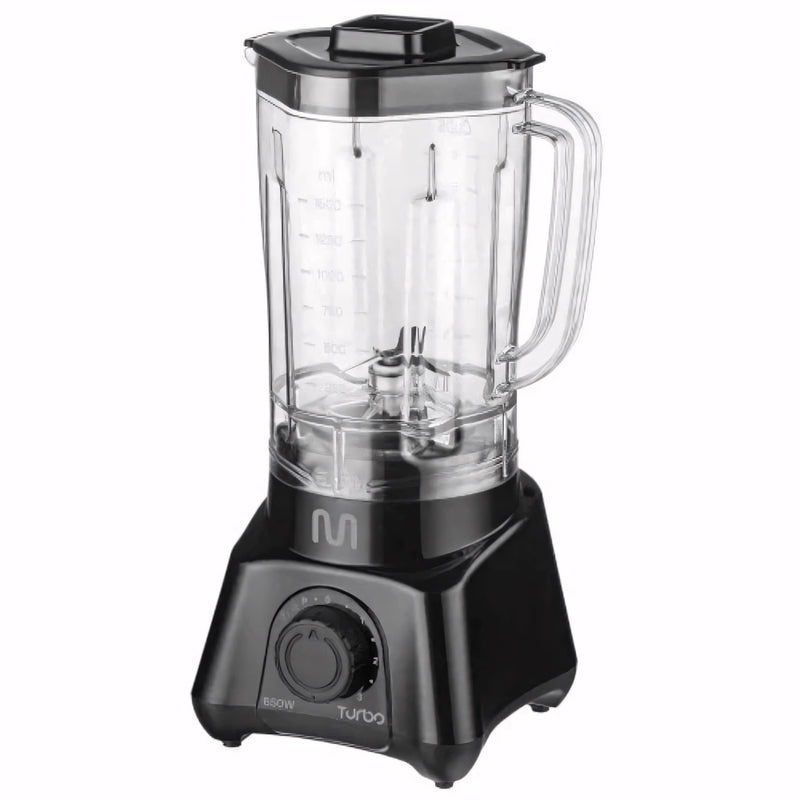 Liquidificador Multi Turbo 650W, modelo compacto e potente, com copo transparente de 2,1 litros, 2 velocidades, função pulsar e base antiderrapante. Perfeito para sucos, vitaminas e molhos.