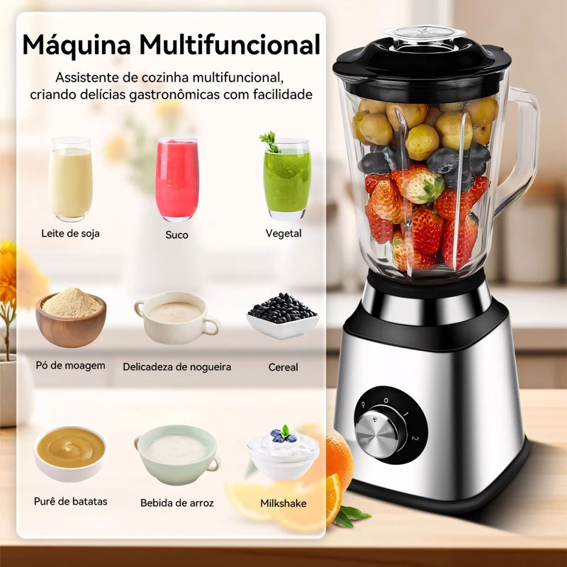 Liquidificador em aço inox com copo de vidro de 1,5L, 6 lâminas afiadas, botão giratório e função autolimpante. Acompanha jarra de moagem. Ideal para receitas, sucos e grãos.