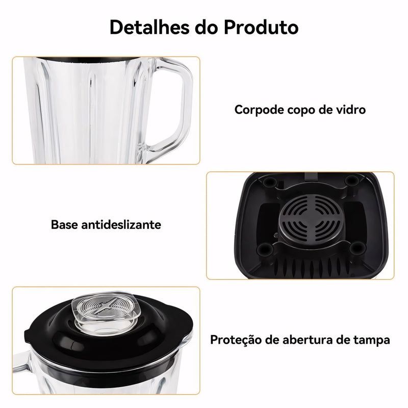 Liquidificador em aço inox com copo de vidro de 1,5L, 6 lâminas afiadas, botão giratório e função autolimpante. Acompanha jarra de moagem. Ideal para receitas, sucos e grãos.