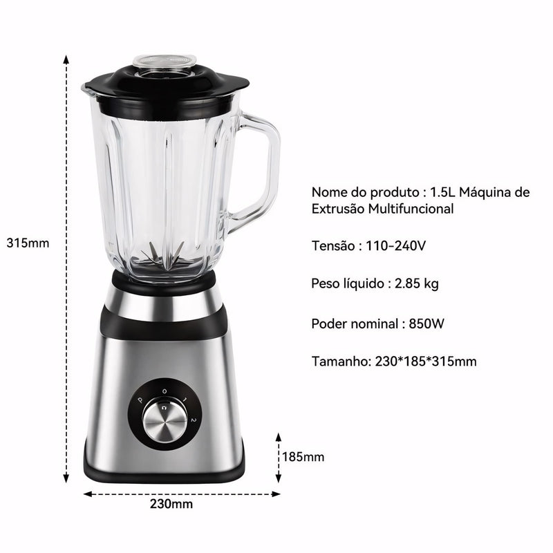 Liquidificador em aço inox com copo de vidro de 1,5L, 6 lâminas afiadas, botão giratório e função autolimpante. Acompanha jarra de moagem. Ideal para receitas, sucos e grãos.