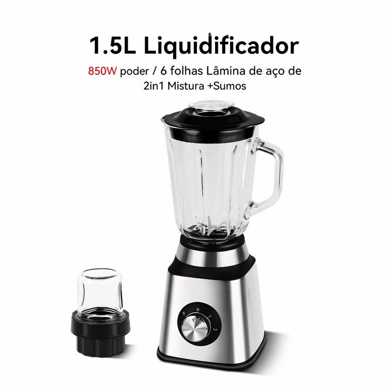Liquidificador em aço inox com copo de vidro de 1,5L, 6 lâminas afiadas, botão giratório e função autolimpante. Acompanha jarra de moagem. Ideal para receitas, sucos e grãos.
