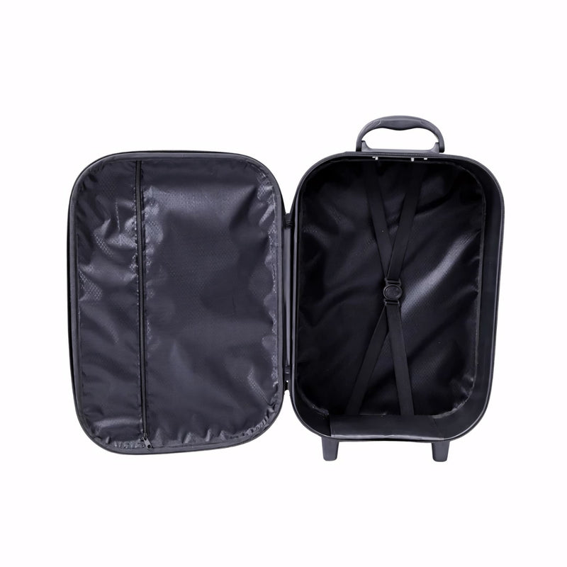 Mala de viagem pequena preta, com rodinhas, puxador retrátil e medidas compatíveis com a ANAC. Ideal como mala de bordo 10kg para viagens de avião ou curtas distâncias.