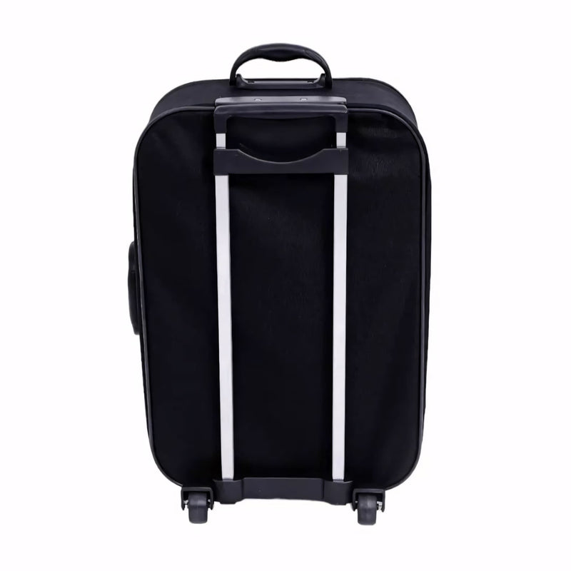 Mala de bordo preta com rodinhas e puxador de alumínio retrátil. Ideal para malas de viagem de até 10kg. Modelo compacto, resistente e leve com divisórias internas e alças reforçadas.