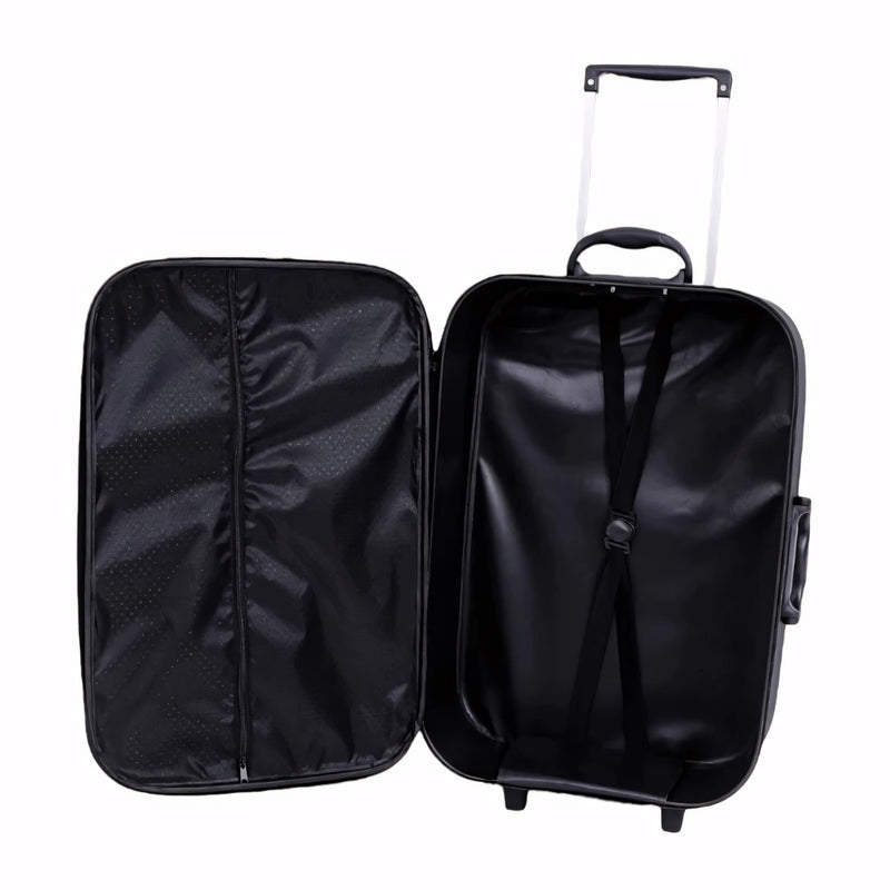 Mala de bordo preta com rodinhas e puxador de alumínio retrátil. Ideal para malas de viagem de até 10kg. Modelo compacto, resistente e leve com divisórias internas e alças reforçadas.