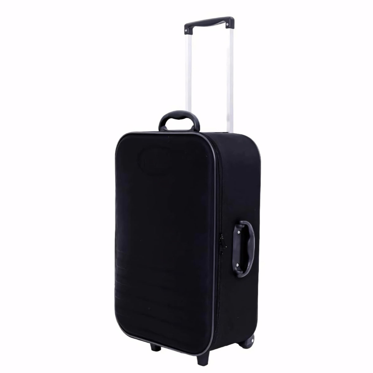 Mala de bordo preta com rodinhas e puxador de alumínio retrátil. Ideal para malas de viagem de até 10kg. Modelo compacto, resistente e leve com divisórias internas e alças reforçadas.