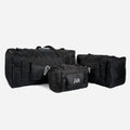 Kit com 3 malas de viagem em tamanhos GG, G e P. Estrutura em nylon preto e azul, bolsos laterais e frontais com zíper, alça de mão e ombro. Ideal para viagens longas e curtas.
