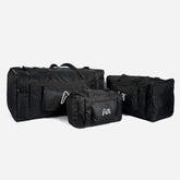 Kit com 3 malas de viagem em tamanhos GG, G e P. Estrutura em nylon preto e azul, bolsos laterais e frontais com zíper, alça de mão e ombro. Ideal para viagens longas e curtas.
