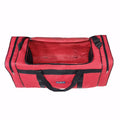 Mala de viagem grande com capacidade de 80L, cor vermelha, abertura superior ampla, bolsos laterais com zíper e alças reforçadas. Resistente à água e dobrável.