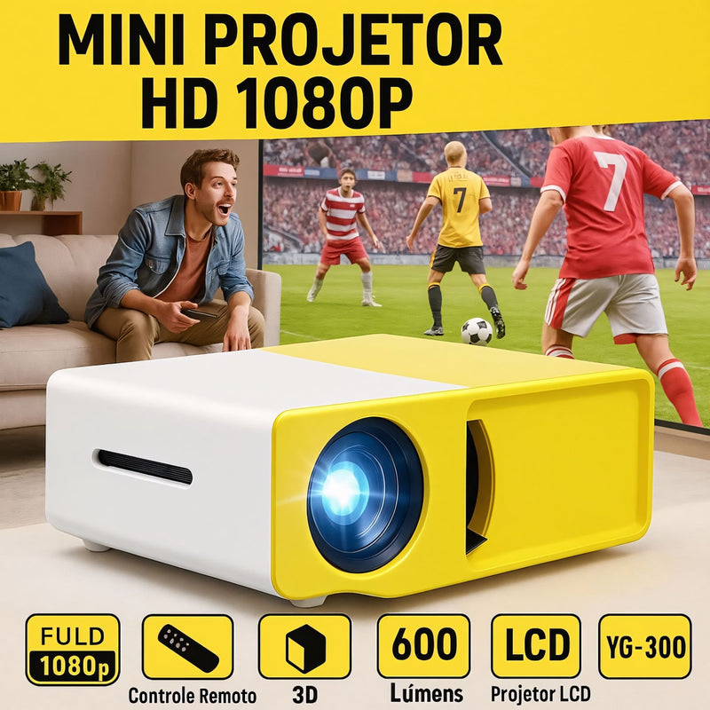 Mini projetor portátil compacto com suporte a 1080p, ideal para ambientes escuros. Conexões HDMI, USB e cartão de memória para filmes, aulas e games.