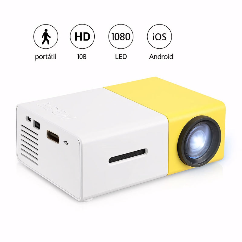  Mini projetor portátil compacto com suporte a 1080p, ideal para ambientes escuros. Conexões HDMI, USB e cartão de memória para filmes, aulas e games.