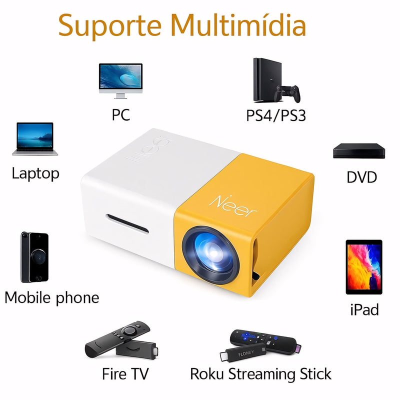  Mini projetor portátil compacto com suporte a 1080p, ideal para ambientes escuros. Conexões HDMI, USB e cartão de memória para filmes, aulas e games.