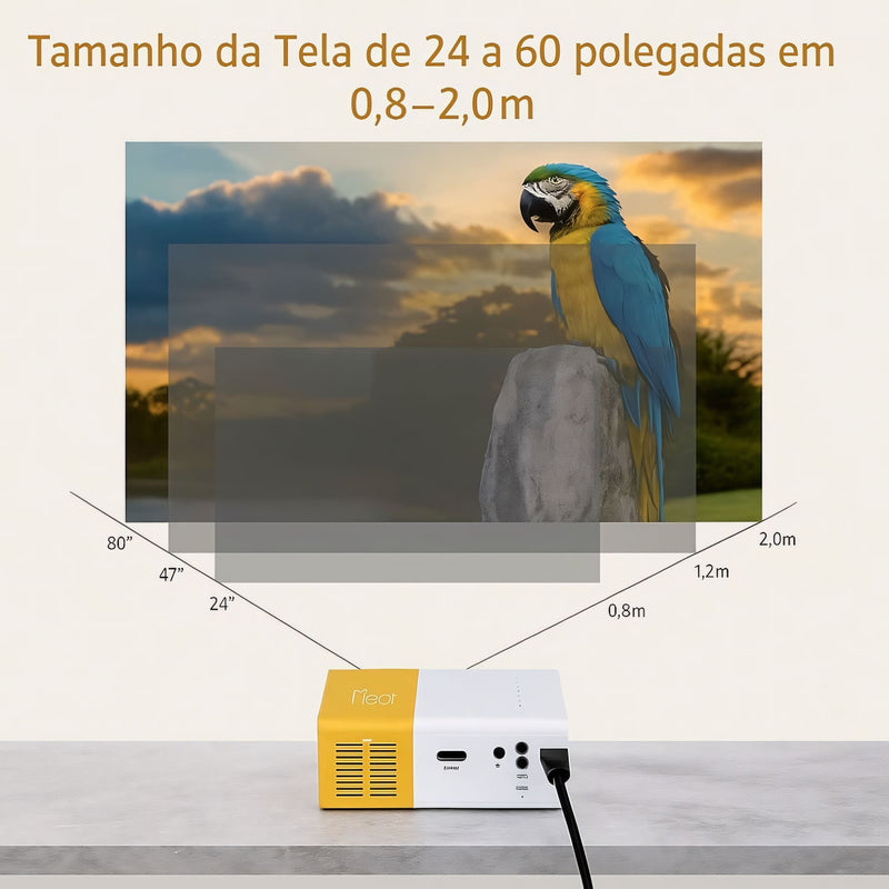  Mini projetor portátil compacto com suporte a 1080p, ideal para ambientes escuros. Conexões HDMI, USB e cartão de memória para filmes, aulas e games.