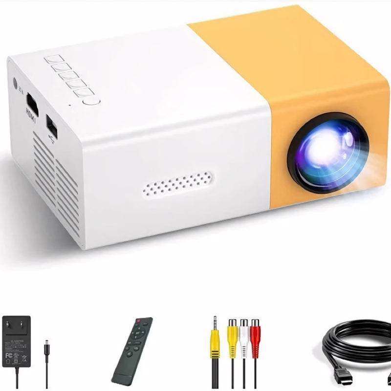  Mini projetor portátil compacto com suporte a 1080p, ideal para ambientes escuros. Conexões HDMI, USB e cartão de memória para filmes, aulas e games.
